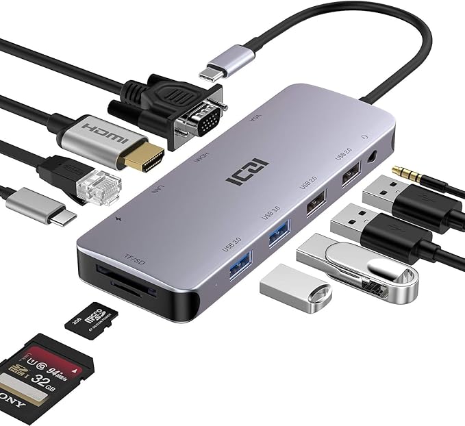 ICZI USB C Hub 11 in 1 Docking Station Multiport Adapter with 1*HDMI/VGA/Ethernet SD/TF Card Reader 4*USB Port 100W PD and 3.5mm Audio Jack Compatible with MacBook Dell/HP/Lenovo Laptop Surface