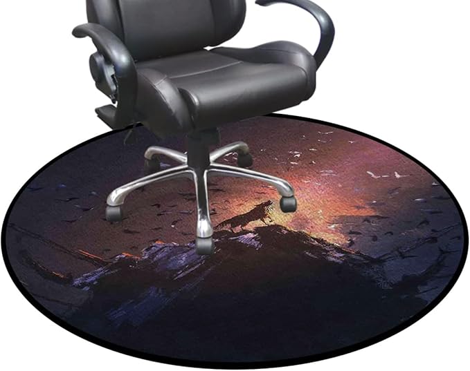 Multicolor Office Chair Computer Gaming Desk Mat for Rolling Chair Non-Slip Gaming Rug Howling Wolf on Rock Surrounded Animals Gaming Chair Mat Round Floor Mats Fantasy World Diameter 60 in