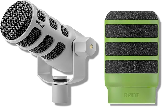 Rode PodMic (White) Cardioid Dynamic Broadcast Microphone with WS14 PodMic Pop Filter - Green