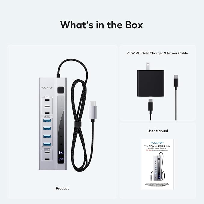 9 in 1 Powered USB C Hub USB 3.2 Data Hub with 65W PD Power Adapter 3 USB-C 10Gbps 4 USB-A 5Gbps 2 24/45W Type-C PD Charging Ports USB Hub