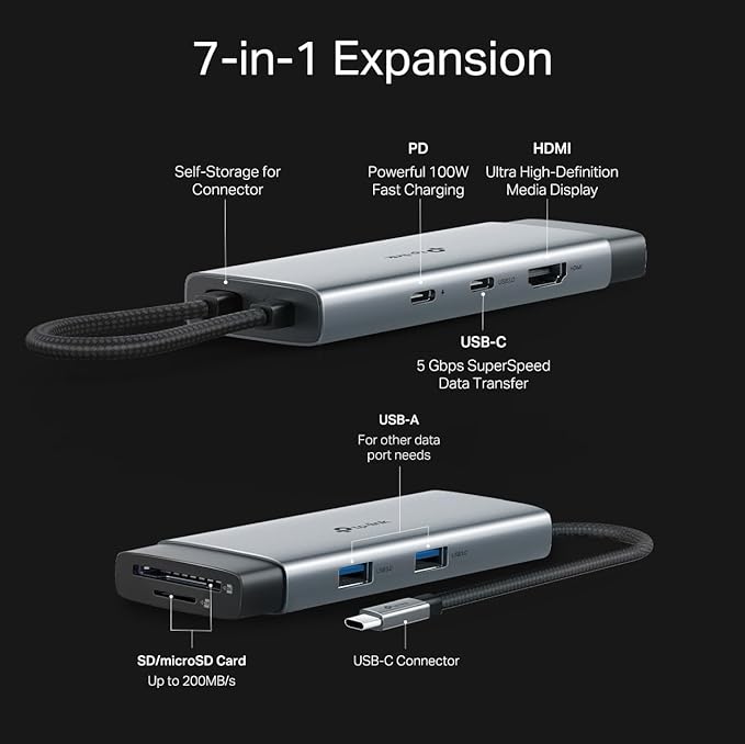 TP-Link USB C Hub 7-in-1 Multiport Adapter (UH7020C) | 4K@60Hz HDMI SD &amp microSD 100W Power Delivery 1×USB-C 2×USB-A Ports | 5Gbps High-Speed Dongle | Compatible w/MacBook and More | Plug &amp