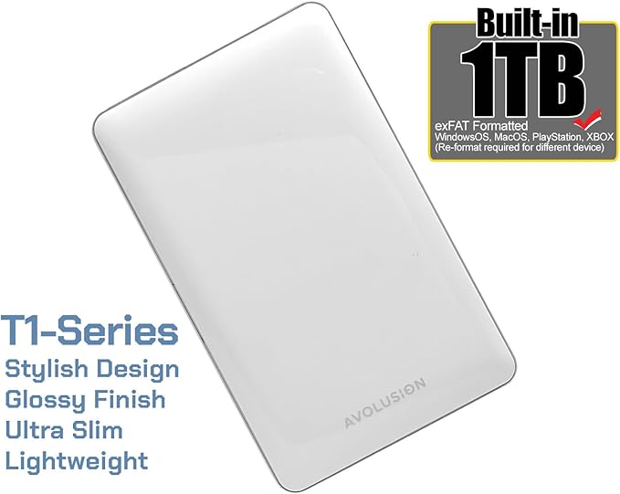 Avolusion T1 Series 1TB USB 3.0 Portable External Hard Drive for PC Mac PlayStation &amp Xbox (White) - 2 Year Warranty