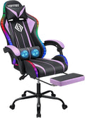 RGB Gaming Chair Massage with LED Lights Ergonomic Computer Gaming Chair with Footrest High Back Video Game Chairs with Adjustable Lumbar Support Purple and Black