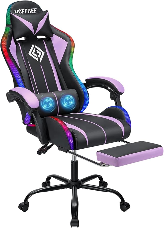 RGB Gaming Chair Massage with LED Lights Ergonomic Computer Gaming Chair with Footrest High Back Video Game Chairs with Adjustable Lumbar Support Purple and Black