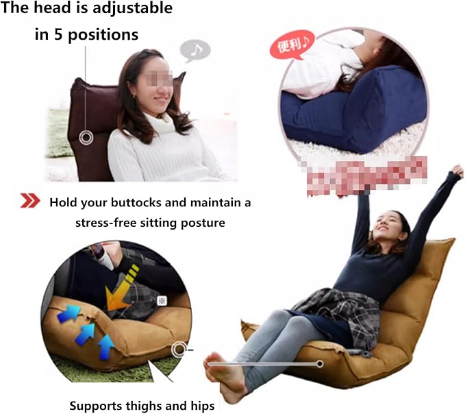 Adjustable Floor Gaming Chair for Adults - Cotton Linen Lounge Chair with 5-Position Adjustable Head Waist and Feet Thick Sponge Padding Sturdy Steel Frame Grey