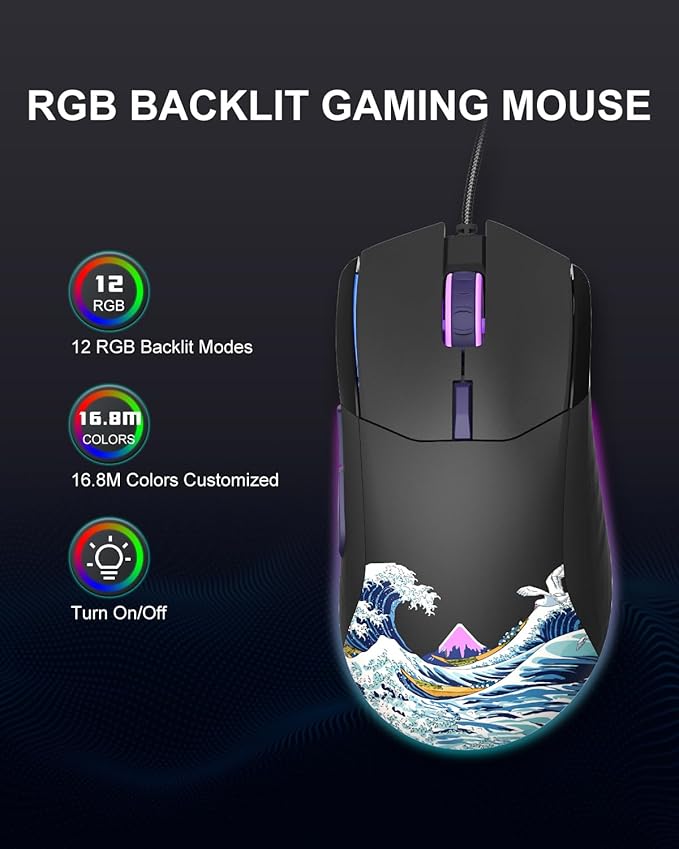 COSTOM Womier USB Wired Gaming Mouse for PC Computer Windows Mac Laptop Lightweight Silent RGB Backlit Mouse with Adjustable 12000DPI/7 Programmable Side ButtonsBlack Kanagawa Theme-G705 V2