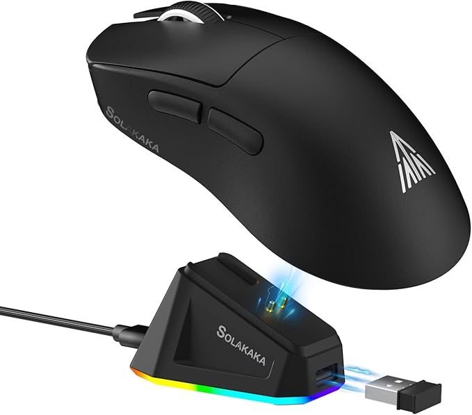 SOLAKAKA SM822 Wireless Gaming Mouse with RGB Charging Dock Tri-Mode Wireless Mouse PAW3311 Optical Sensor Up to 24000DPI 62g Lightweight Mouse with 5 programmable Buttons for PC Laptop (Black)