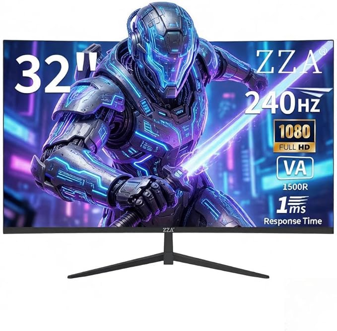 ZZA 32 Curved Gaming Monitor FHD 1920x1080 VA 1ms 240Hz FreeSync Premium DP 1.4/ HDMI 2.0 VESA Compatible Tilt Adjustable