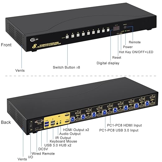 CKLau 8 Port USB 3.0 Rack Mount HDMI KVM Switch Dual Monitor 4K60Hz with Audio 2 pcs USB 3.0 Hub and Cables Keyboard Mouse Hotkey Switcher Box Supports IR Wireless Switching