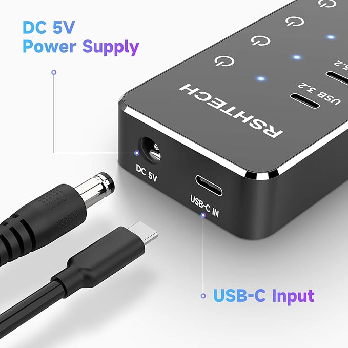 RSHTECH 7-Port Powered USB 3.2/USB C Hub with 10Gbps USB-A 3.2 2 USB-C 3.2 4 USB 3.0 Ports Individual Touch Switches 3.3ft Cable and 5V Power Adapter USB Hub Splitter for Laptop/PC RSH-ST07C