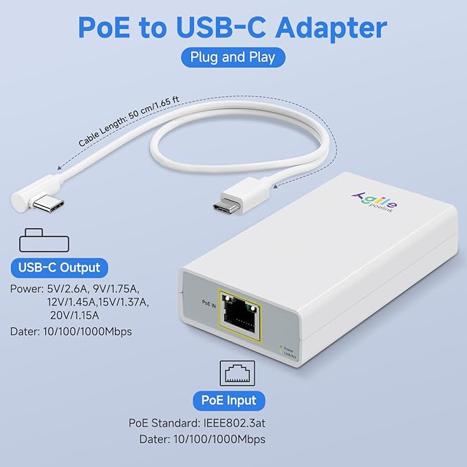Gigabit PoE to USB C Converter for Smart Phone/Tablet USB-C to Ethernet Adapter with 23W Charging Power &amp Data 2-in-1 RJ45 Port to Type-C Adapter 10/100/1000Mbps High Speed Plug &amp PlayIEEE