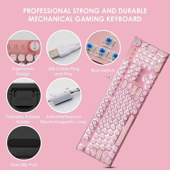 Pink Typewriter Keyboard and MouseRetro Vintage Mechanical Gaming Keyboard with White LED Backlit104 Keys Anti-Ghosting Blue Switch Wired Cute KeyboardRound Keycaps for Desktop PC/Laptop Mac