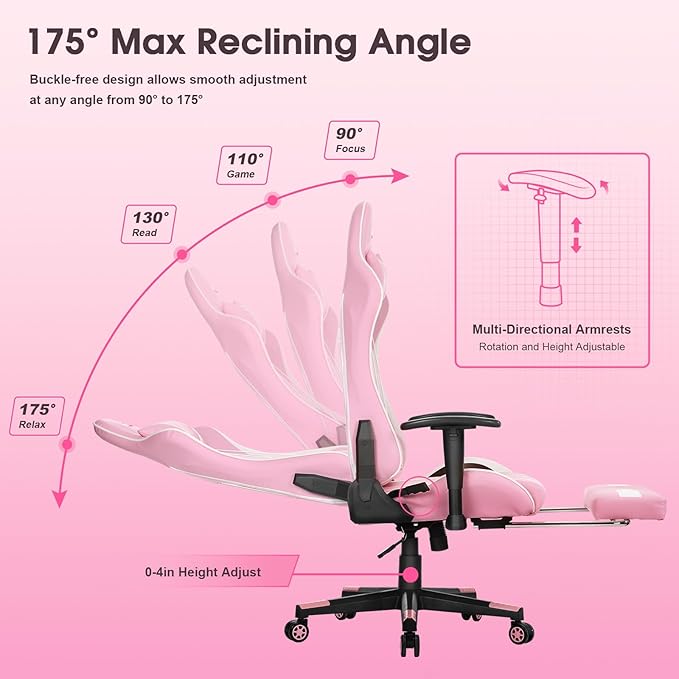 Douxlife 7-Point Massage Gaming Chair with Footrest 400lbs Heavy Duty Ergonomic Computer Chair 175° Reclining High Back Racing Seat for Adults with Adjustable Armrests &amp Lumbar Support Pink