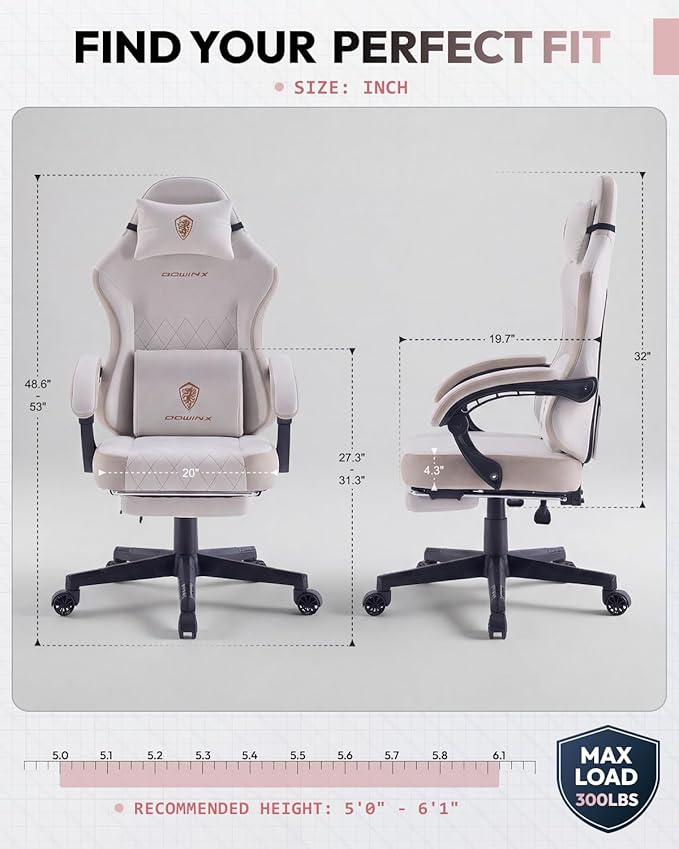 Dowinx Gaming Chair Fabric Gaming Chairs for Adults with Pocket Spring Cushions and Lumbar Support Ergonomic Massage Computer Chair with Footrest for Big and Tall Beige