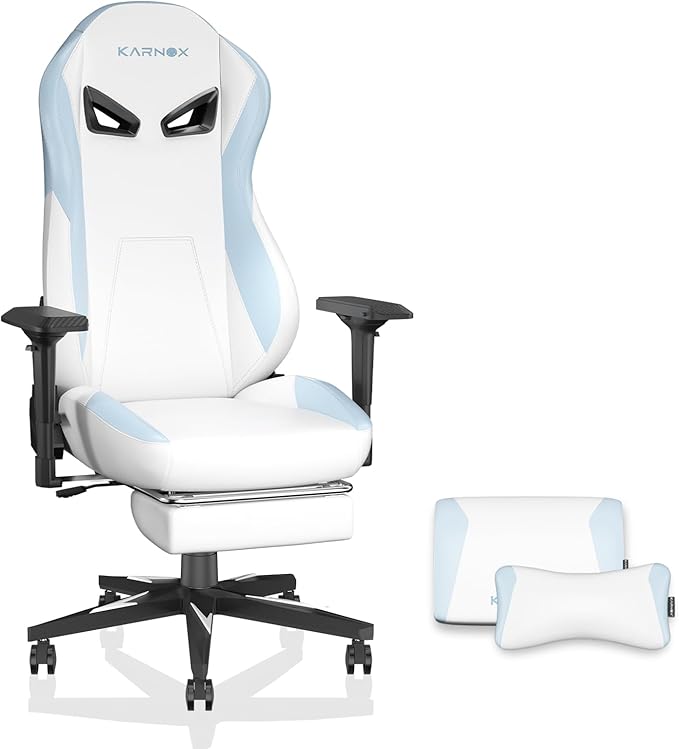 KORNOX Ergonomic Gaming Chair PU Leather with Footrest for AdultsOffice Chair High BackGaming Chair Racing Height Adjustable for TeensGame Chair with Headrest and Lumbar Support for GirlWhite