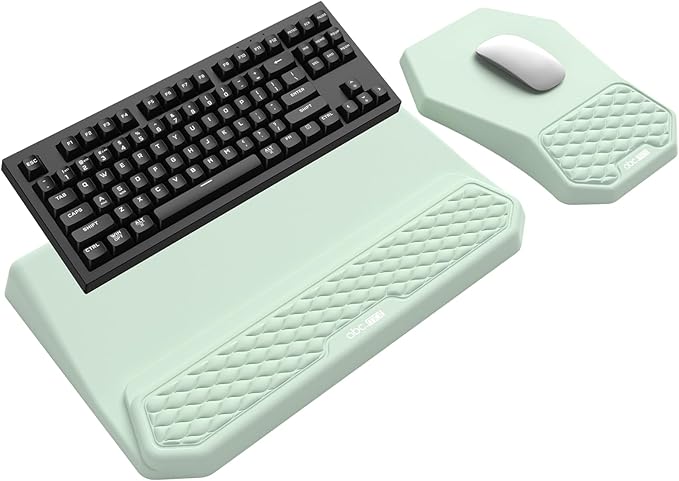 3-in-1 Ergonomic Keyboard Stand with Wrist Rest &amp Mouse Pad Set Comfy Keyboard Riser Holder Soft Mousepad with Massage Design Memory Foam and Non-Slip PU Base for Pain Relief Light Green