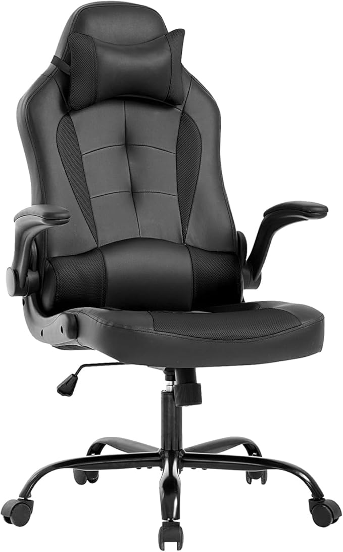 Gaming Chair High Back Computer Chair Egonomic Office Chair PU Leather Video Game Chairs Swivel Executive Chairwith Flip Up Arm Headrest Racing Chairs Rolling Chair for Adults Black