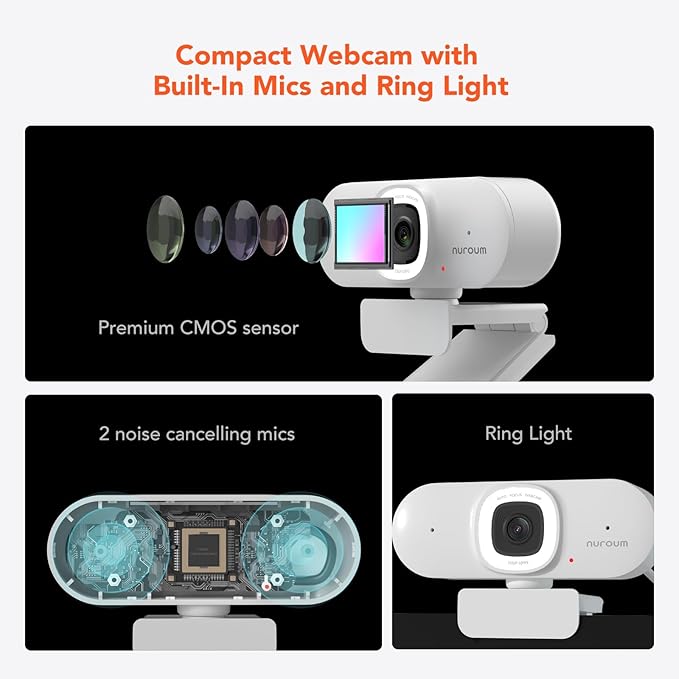 Nuroum V15AFL 2K Webcam with Ring Light for Streaming Autofocus Webcam for PC w/Noise Cancelling Dual Mics 1080P 60fps 75° FOV&ampLightweight USB Web Camera Plug&ampPlay for Zoom/Teams/OBS/Xspli