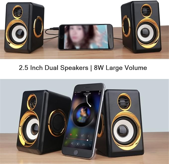 1 Pair USB+AUX Wired Computer Speakers Bass Reinforcement 4 Diaphragm for Laptop Desktop 8W High Power Loudspeaker (Color : Gold) (Gold)