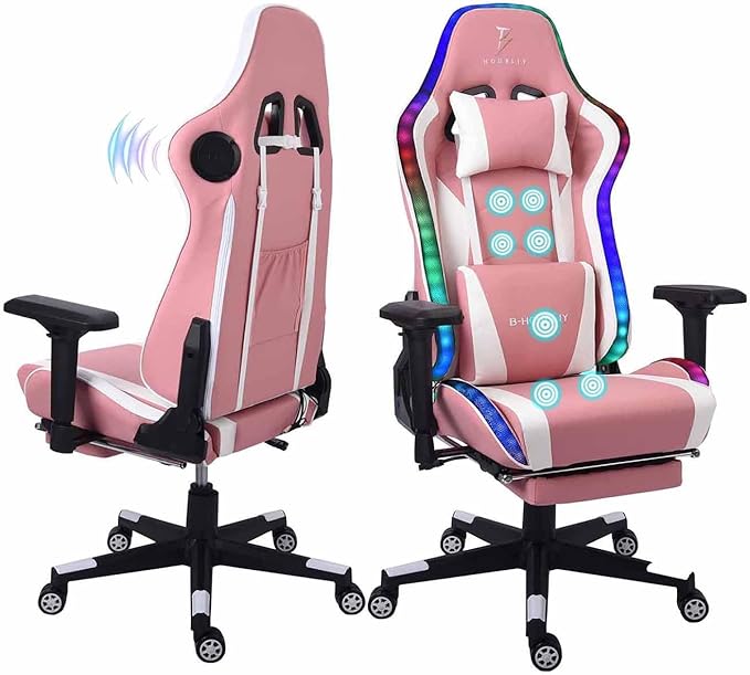 TBQATNTS Massage Computer Gaming Chair with Bluetooth Speakers 90-180° Adjustable Backrest Gaming Chair with LED Lights Footrest 4D Armrest Video Gaming Chair for GiftPink