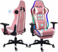 TBQATNTS Massage Computer Gaming Chair with Bluetooth Speakers 90-180° Adjustable Backrest Gaming Chair with LED Lights Footrest 4D Armrest Video Gaming Chair for GiftPink