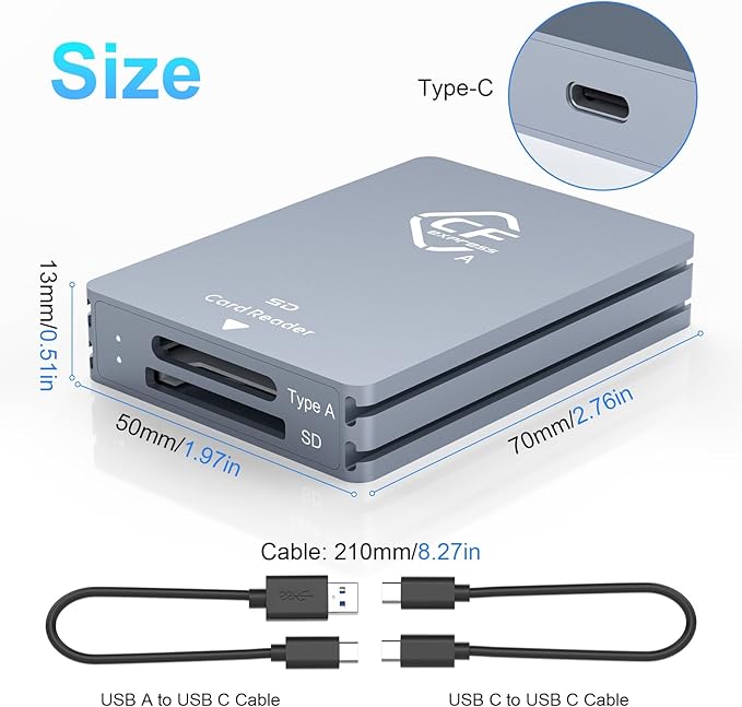 CFexpress Type A and SD Dual-Slot Memory Card Reader 10Gbps USB 3.2 Gen 2 Type A CFexpress Adapter Memory Card Reader with USB C to USB C/USB A CableCompatible with Windows/Mac/Linux/Android