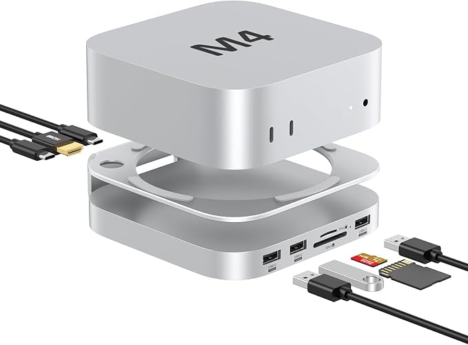 Akyyajaure Mac mini Hub: 10 in 1 Aluminum Stand &amp Dock for Mac mini M4 Pro with M.2 NVMe SSD Enclosure 4K60hz HDMI 10Gbps USB-A*2 SD/TF Card Readers USB 2.0