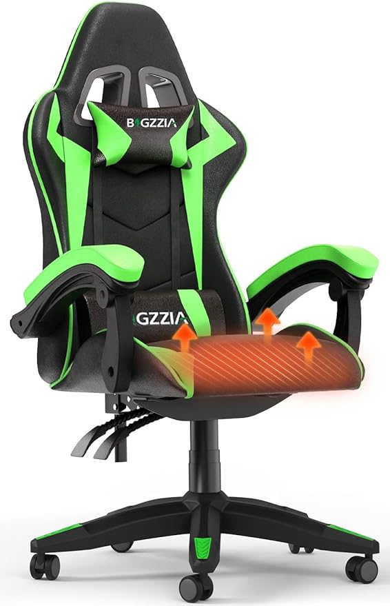 Bigzzia Gaming Chair with Heated Cushion Ergonomic Video Game Chairs with Pillow and Lumbar Support Racing Style Height Adjustable Computer Chair with 360°-Swivel Seat for Adults (Green)