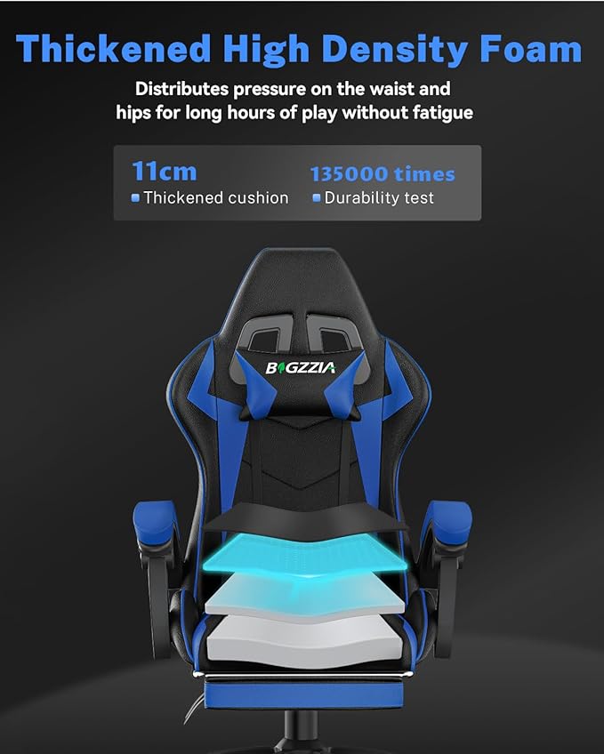 Gaming Chair with Footrest High Back Ergonomic Computer Gamer Chair with Headrest and Lumbar Support Racing Style Reclining Game Chair for Adults Kids (Blue-Black)