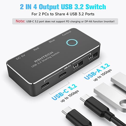 RSHTECH USB 3.2/USB C Switch 10Gbps 2 Computers Share 4 USB 3.2 Ports(2 USB-A+2 USB-C) USB Switcher Selector with 2 Cables and Controller for PC Laptop (No Video Output or Charging)
