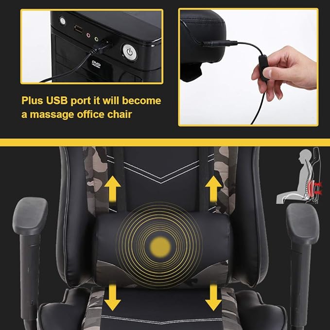 Gaming Chair Racing Office Chair Ergonomic Desk Chair Massage PU Leather Recliner PC Computer Chair with Lumbar Support Headrest Armrest Footrest Rolling Swivel Task Chair for Women Adults Camo