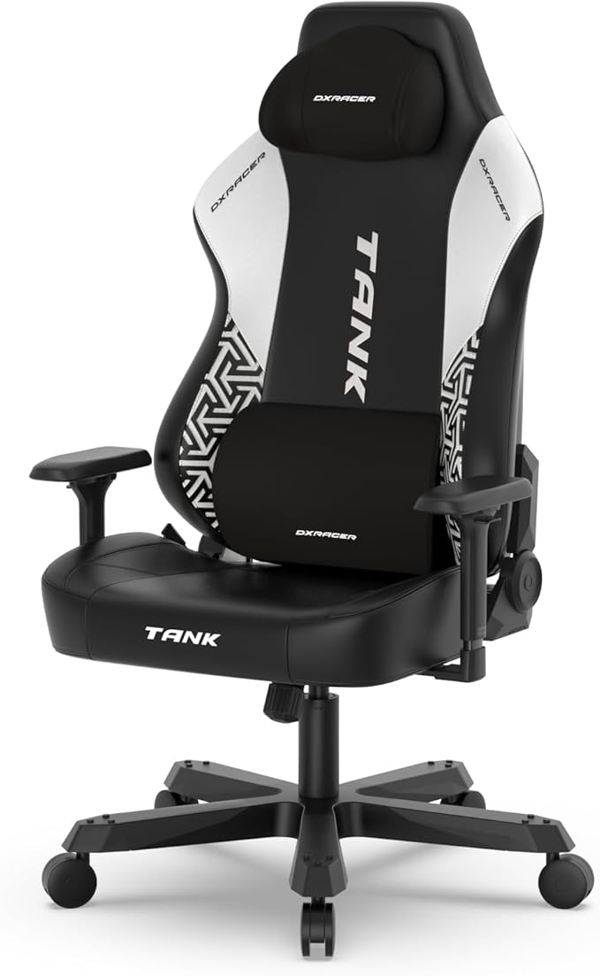 DXRacer Tank XXL Ergonomic Video Gaming Chair for Adults Office Reclining Computer Chair with Magnetic Head Pillow and Lumbar Support Racing Style Height Adjustable (EPU Leatherette Black White)