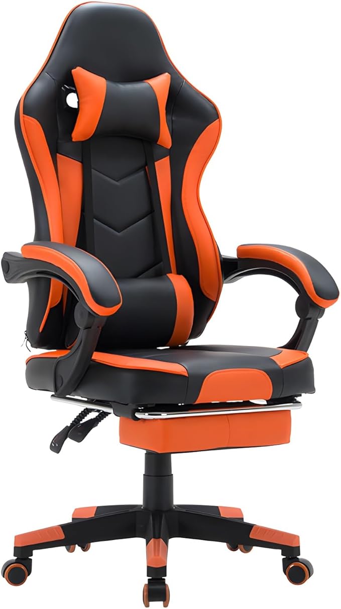 Ergonomic Video Game ChairsPu Leather Video Game Chairs For Adults 360°Swivel Adjustable Office Chair Gamer ChairWith Footrest Comfortable Game Lumbar Headrest Backrest RecliningBlack + ora