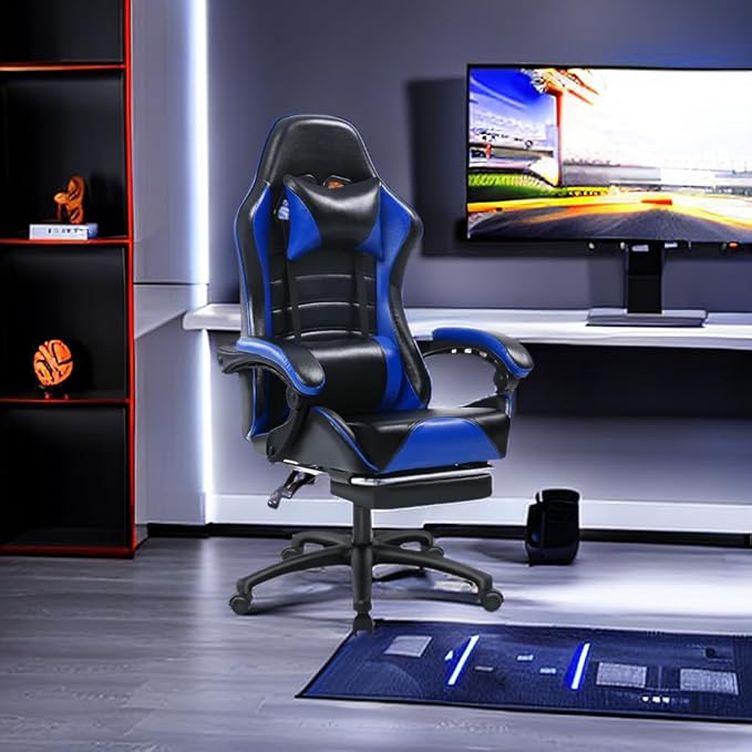 Gaming Chair - Premium Gaming Chairs for Adults Adjustable Video Game Chairs Comfy Gamer Chairs for Adults Uniquely Designed VTech Gaming Office Silla Gamer (Black+Blue)