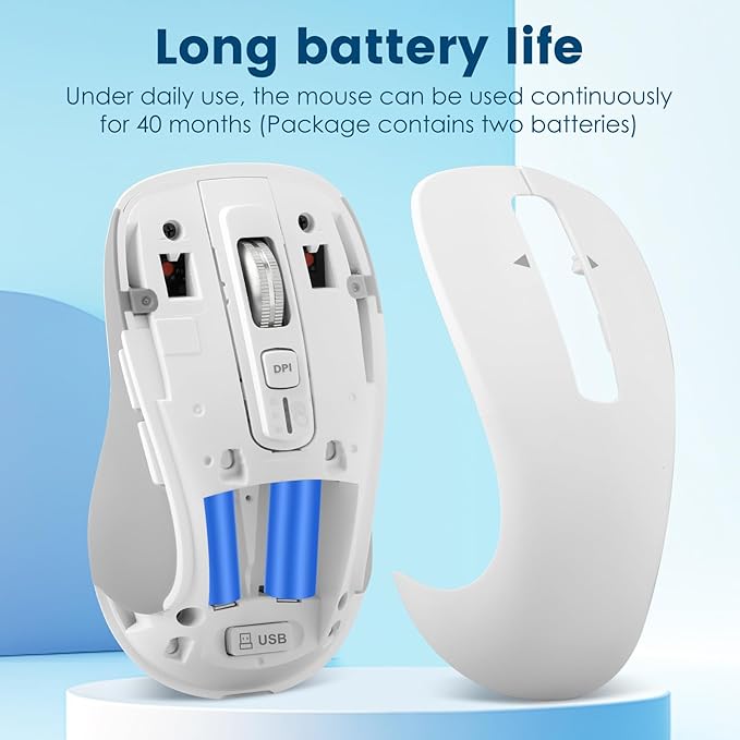 Wireless Bluetooth Mouse (USB + BT1 + BT2) Full Size 4-Way Scrolling Multi-Device Silent Mouse for Computer Laptop iPad MacBook (White)