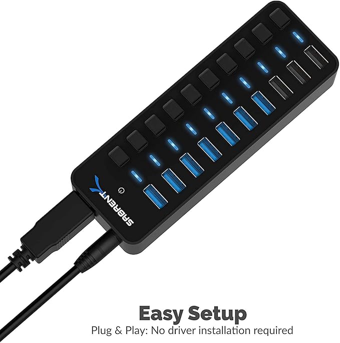 SABRENT 10-Port USB 3.0 Hub Individual Power Switches and LEDs 3 Smart Charging Ports 60W Power Adapter for PC Mac Xbox PS5 Laptop Desktop USB Devices (HB-B7C3)