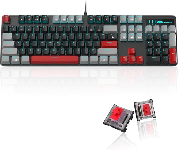 MageGee Mechanical Gaming Keyboard 104 Keys Blue Backlit Keyboards with Red Switches Double-Shot Keycaps USB Wired Mechanical Computer Keyboard for Laptop Desktop PC Gamers(Gray &amp Black)
