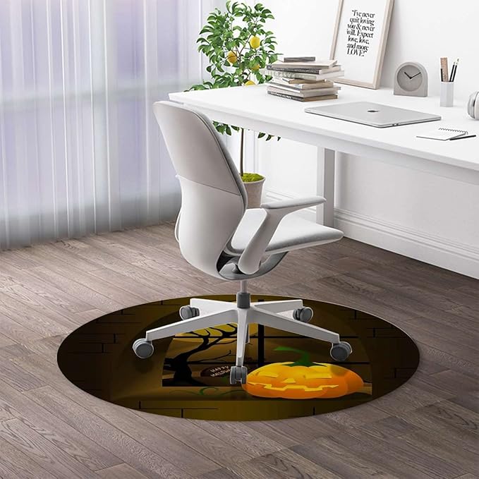 Orange Yellow Black PU Leather Office Chair Mat for Hardwood Floors Desk Carpet Halloween Themed Night Swirled Anti-Slip Multi-Purpose Low Pile Computer Chair Mat Animal Diameter 55 in