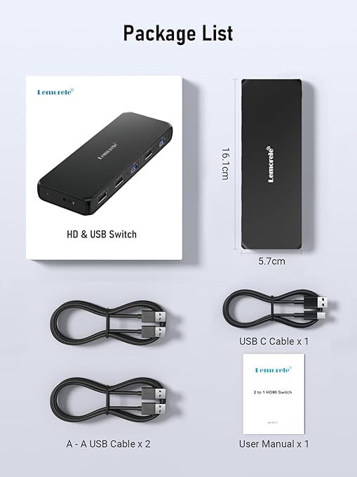 Lemorele KVM Switch 4K 2x1 2-Computer Sharing 1 Monitor with USB 3.0 Hub 4-Port USB for Mouse Keyboard Plug and Play USB-C Powered 4K@30Hz (2 USB Cables Included)