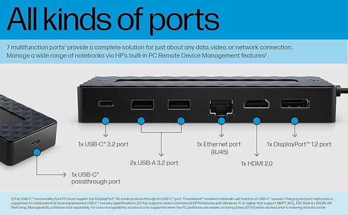 HP Universal USB-C 7-in-1 Multiport Hub Docking Station Bundle w/DKZ Hub 4 USB Ports HDMI 2.0 Display Port 1.2 RJ-45 USB-C Powered No Power Supply w/Single Cable Connection to Any Brand Laptop