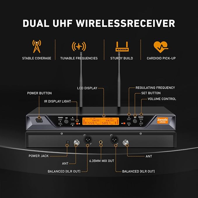 UM206 2 Channel Wireless Microphone System with Dynamic Mics 200ft Range UHF Frequencies Dual Wireless Handheld Mics for Karaoke Singing DJ Stage Church and Recording