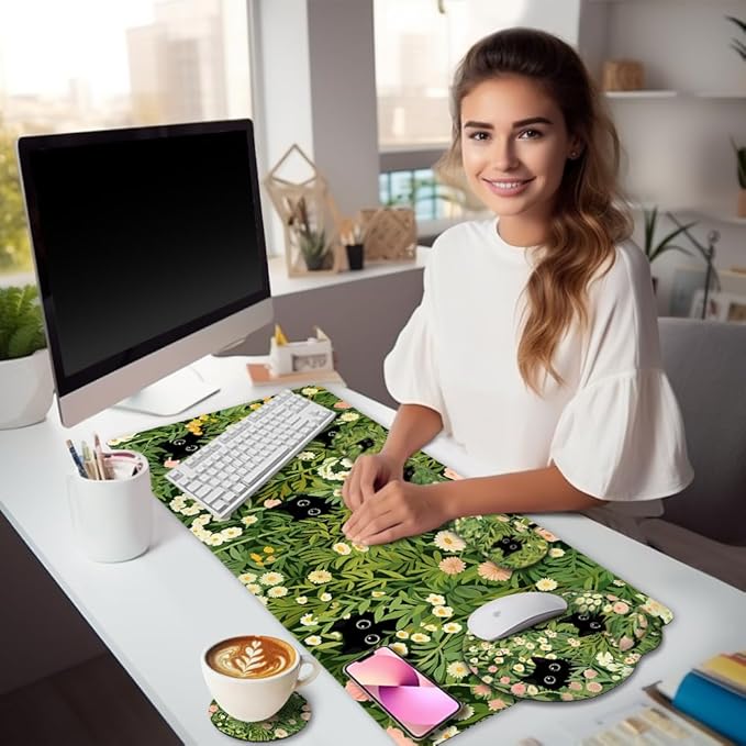 Cat Ergonomic Mouse Pad with Wrist Rest Desk Mat Set Green Gaming Mouse Pad Wrist Support Keyboard Mat Wrist Rest Cup Coaster Funny Office Decor