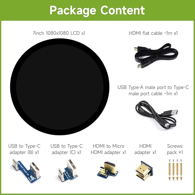 waveshare 7inch HDMI Round Capacitive Touch Display 1080 × 1080 Resolution IPS Display Panel 10-Point Touch Optical Bonding Toughened Glass Panel