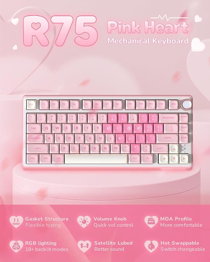 RK ROYAL KLUDGE R75 Mechanical Keyboard Wired with Volume Knob 75% Keyboard Gasket Mounted Hot Swappable Creamy Sound MDA Profile PBT Keycaps Pink