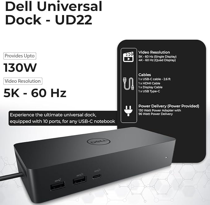 UD22 Dell Docking Station Dual Monitor Bundle - USB-C/USB-A Universal Dell Dock for Laptops Comes with 130W Adapter + Anyhdd HDMI DisplayPort USB-C Cables &amp Cloth - Supports Dual/Triple/4 Monito