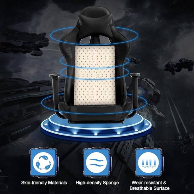 Computer Swivel Gaming Chair Video Game Chair PU Leather Executive Chair High Back Gaming Office Chair with Lumbar Support Adjustable Armrest Headrest Footrest for BoysGirlsBlack