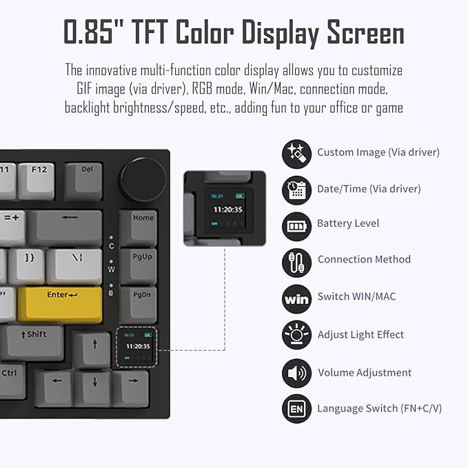 AJAZZ AK820 Pro 75% Gasket RGB Wireless Mechanical Keyboard with TFT Screen Volume knob Bluetooth/2.4G/Wired 3-Modes Compact 82 Hot-Swap Keys Tricolor PBT Keycap 4000 mAh (Gray&ampYellow 3-Modes
