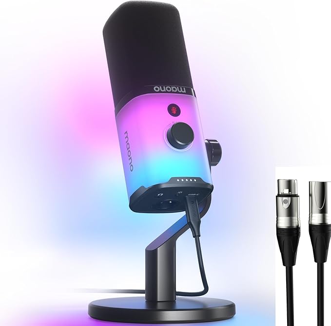 MAONO USB/XLR Dynamic Microphone for Gaming PodcastComputer PC Microphone RGB Mute Button 48kHz/24bit Podcasting Desktop Mic Kit