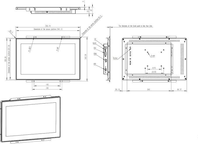 13.3 Inch Open Frame Capacitive Touchscreen Monitor 1920x1080 Resolution 16:9 Aspect Ratio WaterproofVESA+Panel Mount for Kiosk Automation POSVendingHMI and Digital Signage 7x24h Work