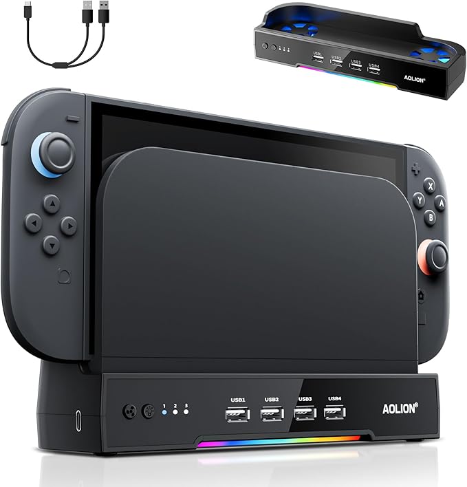 Cooling Fan for Switch 2 DockRGB Cooling Fan for Nintendo Switch 2 Dock3-Speed Adjustable AirflowHigh-Efficiency Heat Dissipation Ultra-Quiet Operationwith 4 USB HUB Portsfor Switch2 Accessories